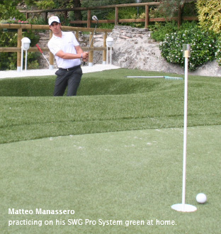 Matteo Manassero practicing on his SWG Pro System green at home.